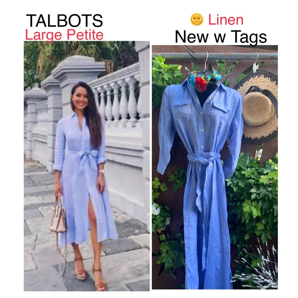 NWT 🌞 TALBOTS Linen MIDI LPetite Blue Buttoned Shirt Dress ⭐️ quality